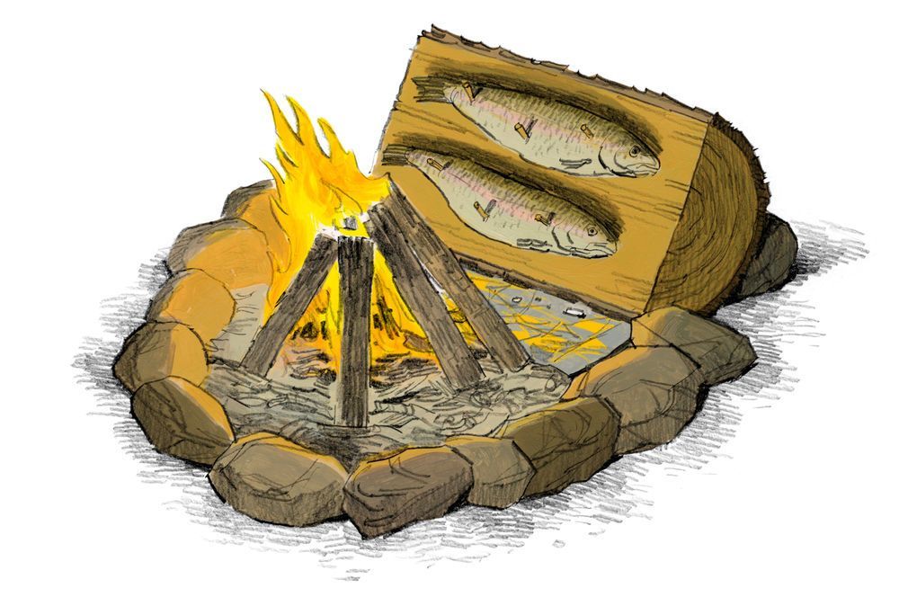 Grilled fish on cedar log by a flame